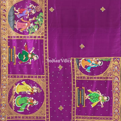 Purple Krishna Leela Pattachitra Hand-Painted Pattachitra Saree