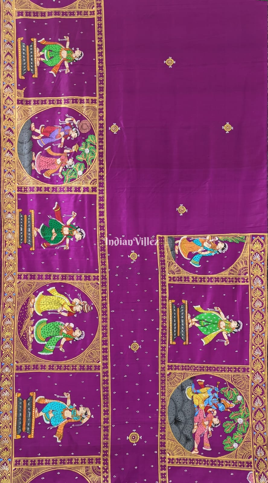Purple Krishna Leela Pattachitra Hand-Painted Pattachitra Saree