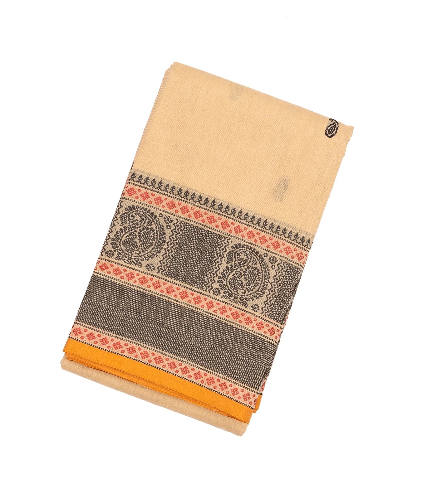 Cream Handloom Kanchi Cotton Saree With Mango Buttas