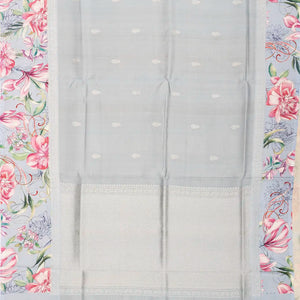 Grey Handloom Tussar Silk Saree Printed With Floral Motifs In Border