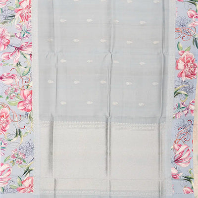 Grey Handloom Tussar Silk Saree Printed With Floral Motifs In Border