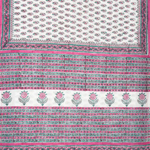 White Woven Jaipur Cotton Saree Printed With Pink Flower  Motifs