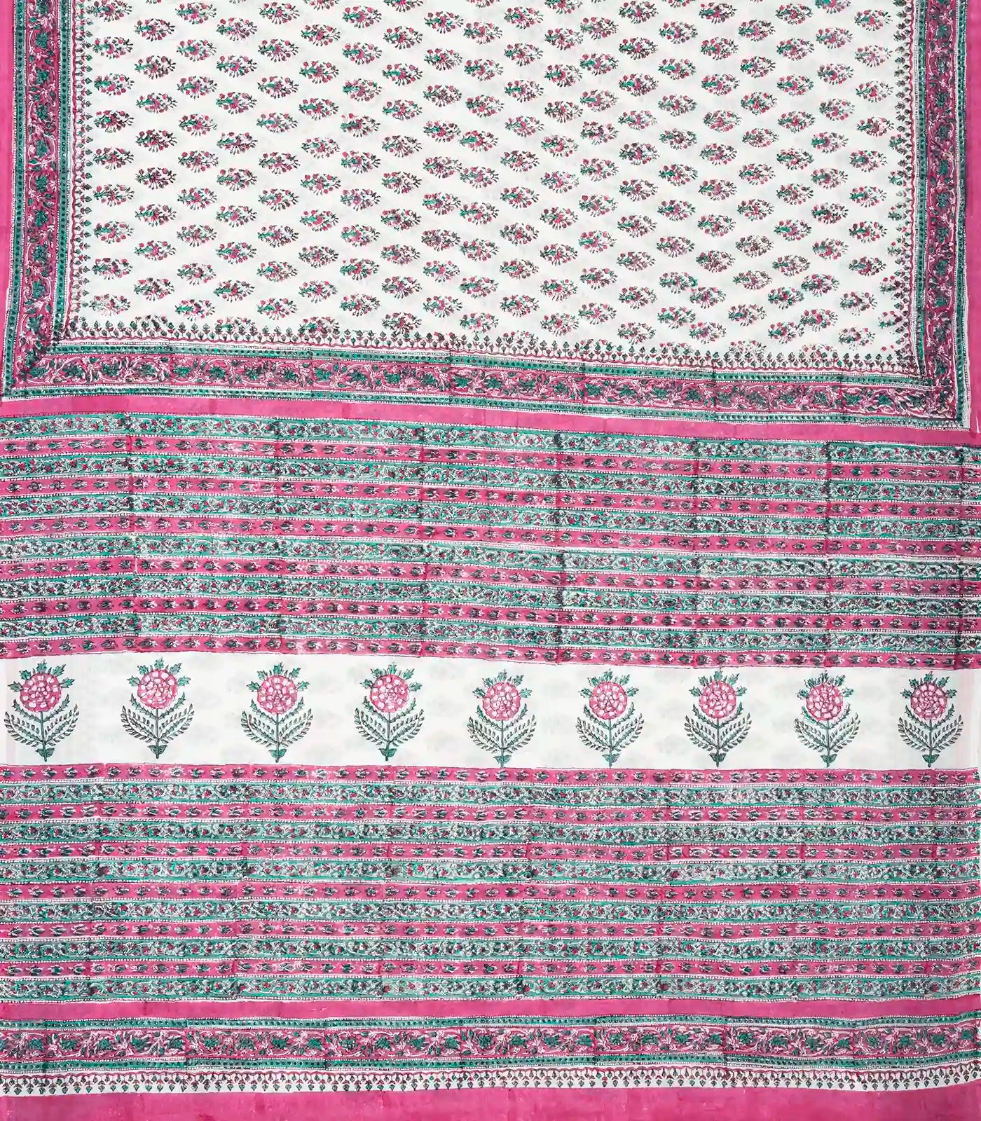 White Woven Jaipur Cotton Saree Printed With Pink Flower  Motifs