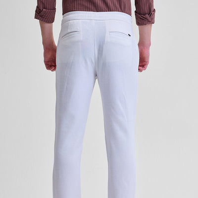 White Self-Design Slim Fit Trousers