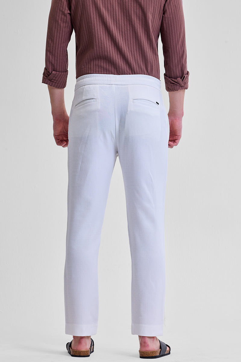 White Self-Design Slim Fit Trousers