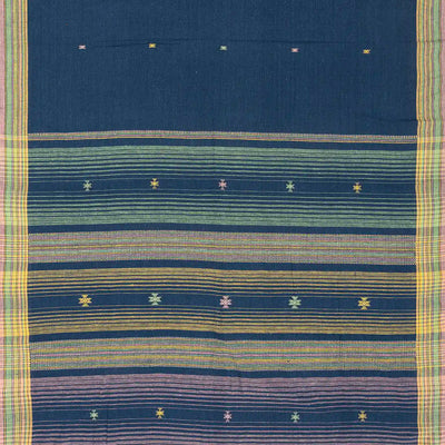 Navy Blue Handloom Bhujodi Cotton Saree With Cross Buttas