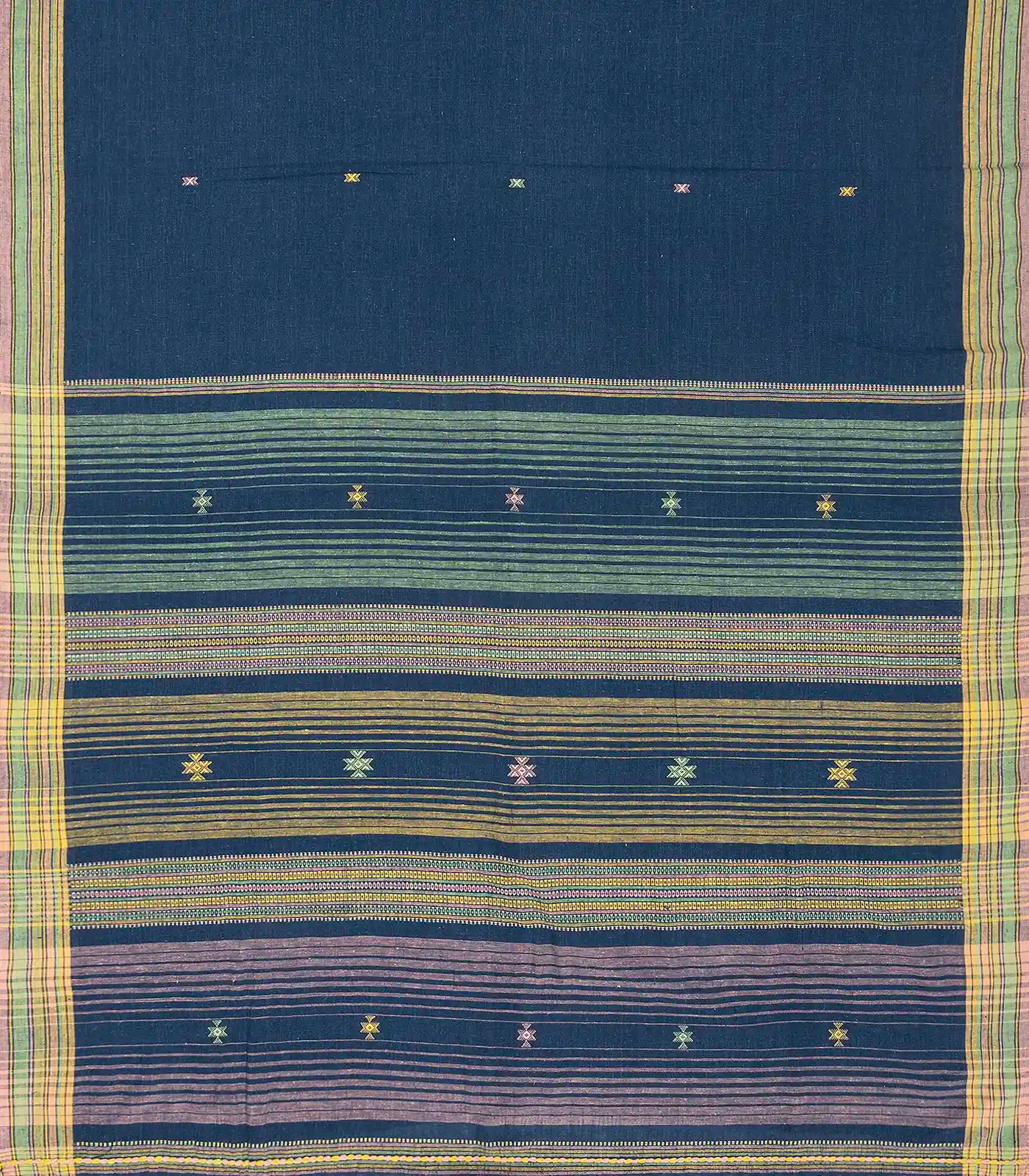 Navy Blue Handloom Bhujodi Cotton Saree With Cross Buttas