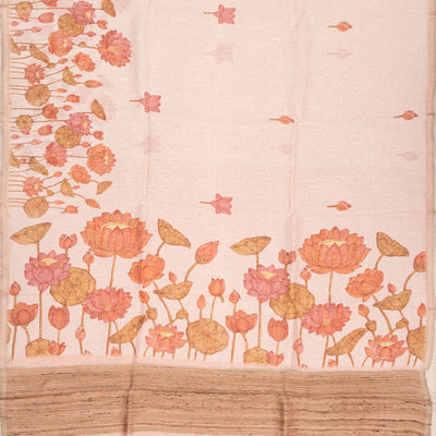 Baby Pink Handwoven Linen Saree Printed With Floral Motifs