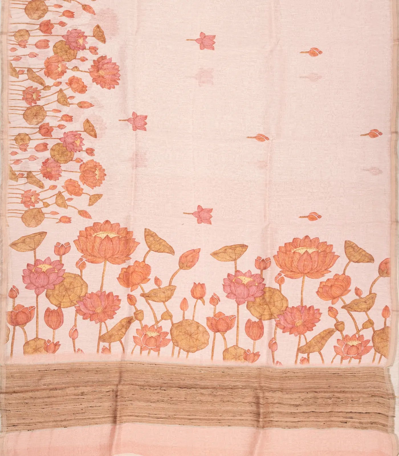 Baby Pink Handwoven Linen Saree Printed With Floral Motifs