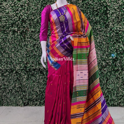 Rani Pink Designer Contemporary Silk Saree with Multicolor Double Anchal