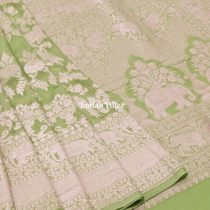 Parrot Green Banarasi Khaddi Georgette Saree with Tassels