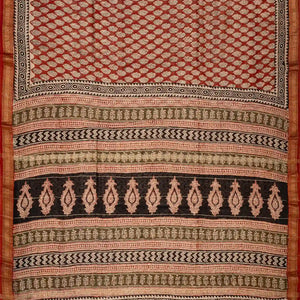 Rust Handloom Chanderi Cotton Saree With Printed Flower Motifs