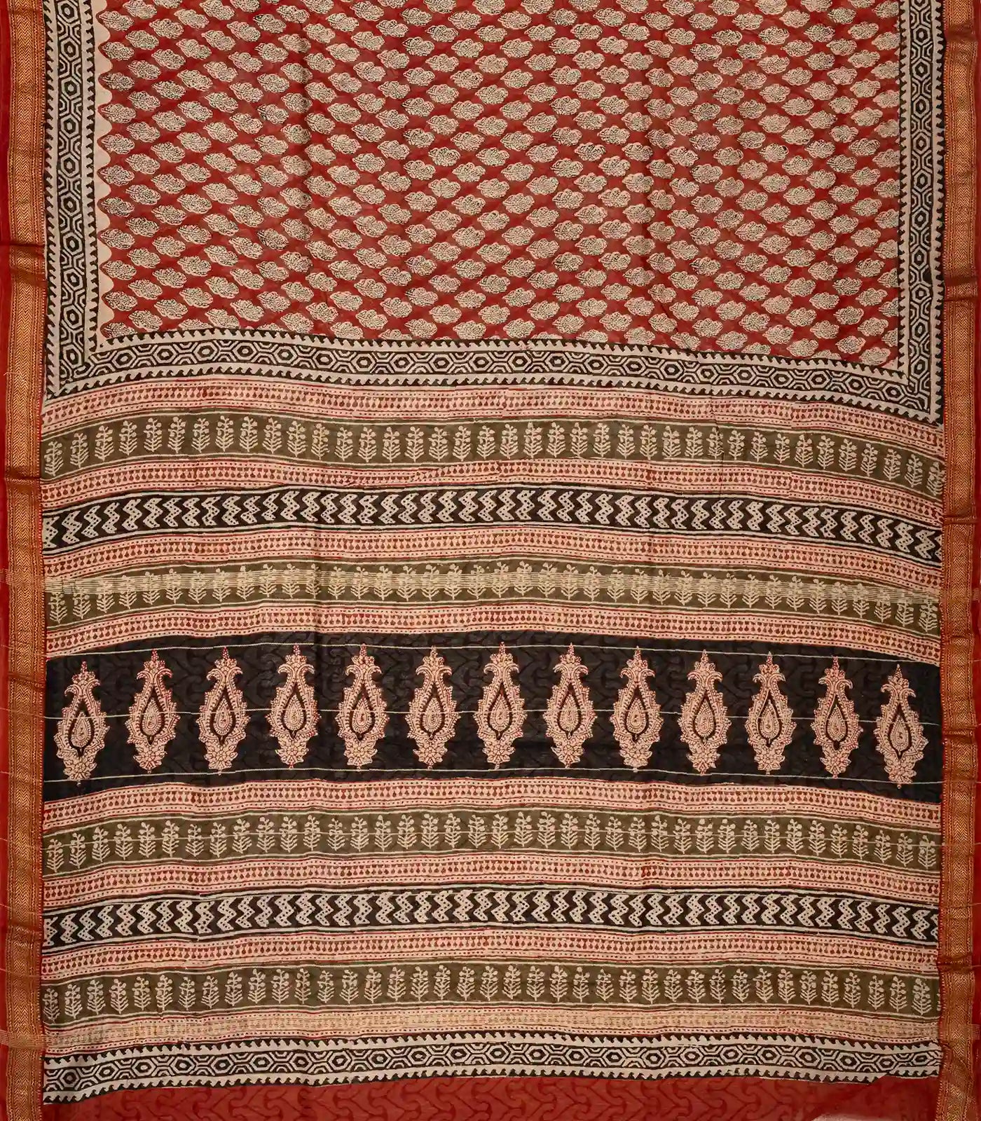 Rust Handloom Chanderi Cotton Saree With Printed Flower Motifs