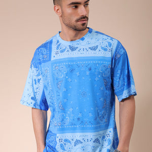 Men's Blue Oversized Paisley Printed T-Shirt