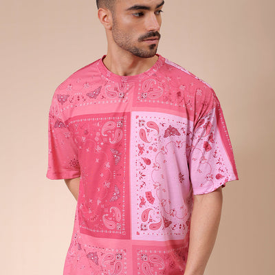 Men's Pink Oversized Paisley Printed T-Shirt