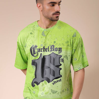 Men's Green Oversized Paisley Printed T-Shirt