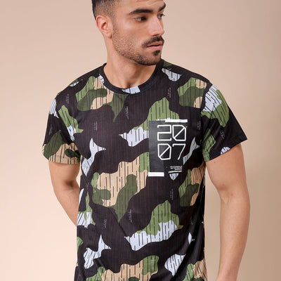 Men's Black Slim Fit Abstract Printed T-Shirt
