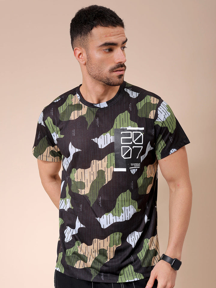 Men's Black Slim Fit Abstract Printed T-Shirt