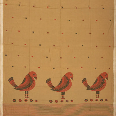 Beige Handloom Bengal Cotton Saree With Bird Motifs