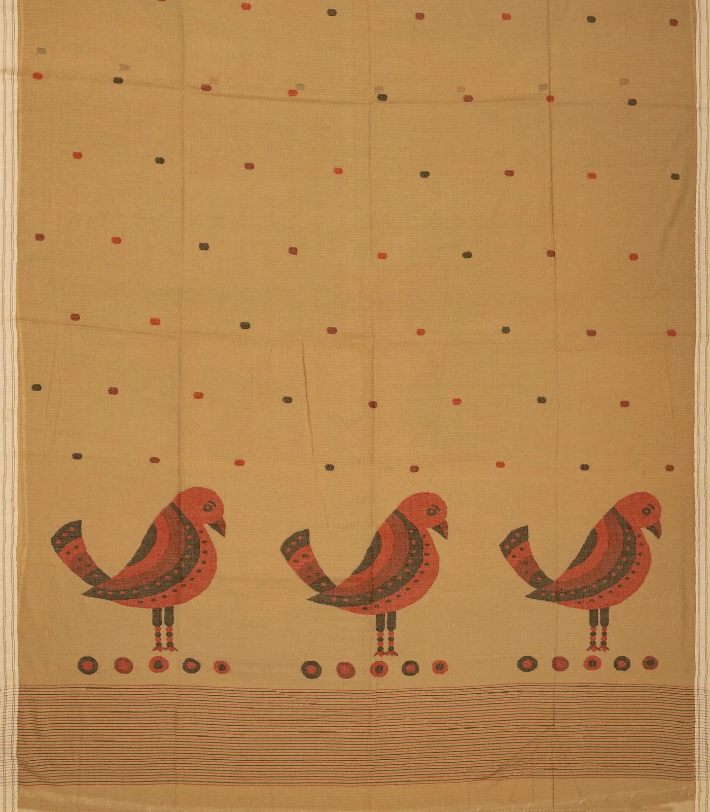 Beige Handloom Bengal Cotton Saree With Bird Motifs