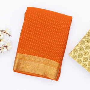 Orange Mysore Crepe Silk Saree With Floral Motifs & Zari Border