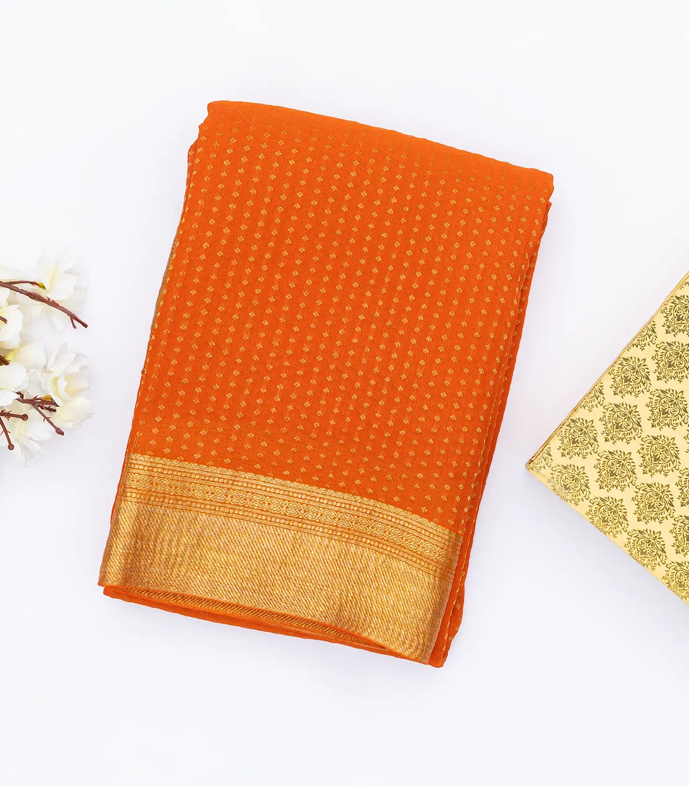Orange Mysore Crepe Silk Saree With Floral Motifs & Zari Border