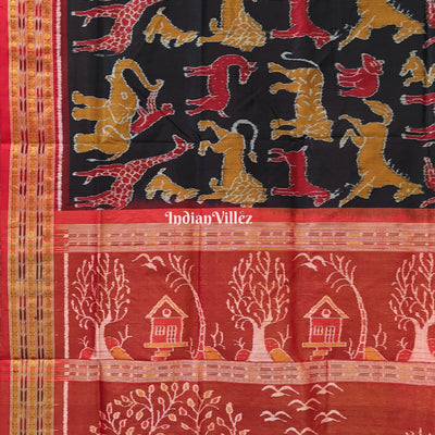 Black Jungle and Animal Theme Sambalpuri Silk Saree