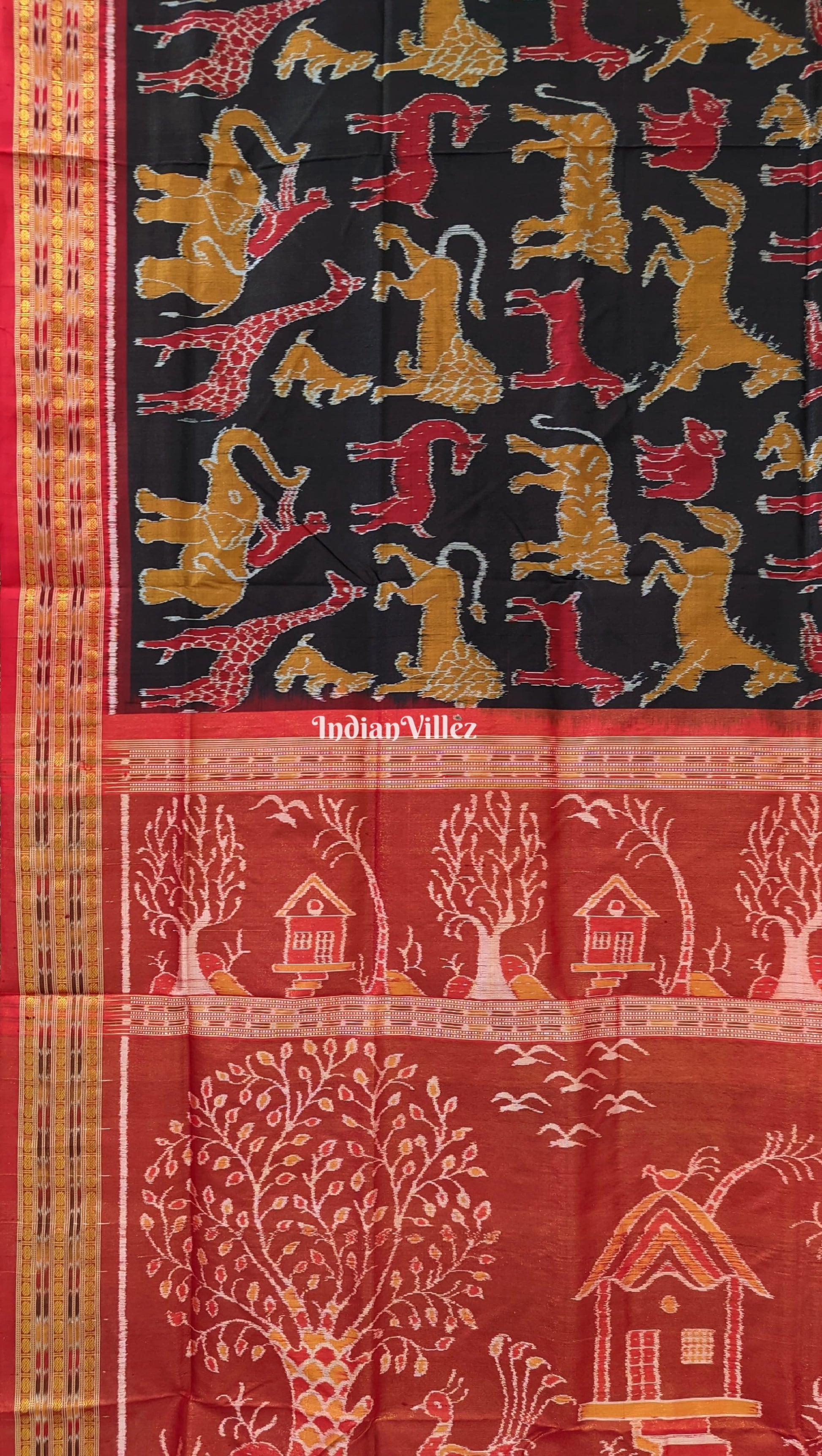 Black Jungle and Animal Theme Sambalpuri Silk Saree