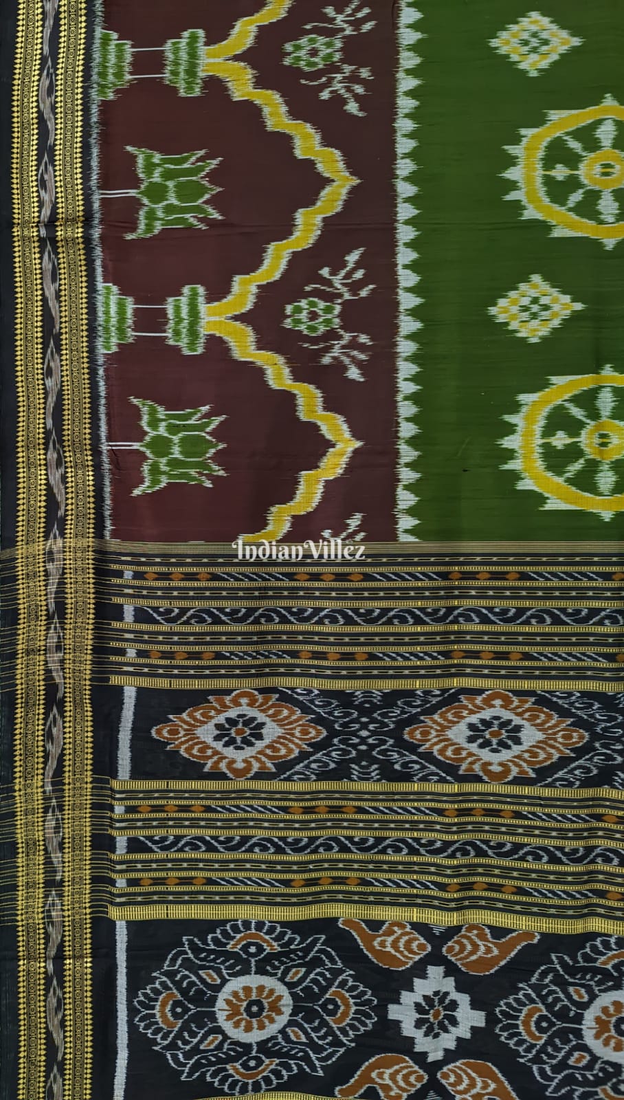 Burgundy Olive Green Odisha Handloom Khandua Silk Saree