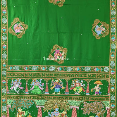 Green Radha Krishna Dashavatara Pattachitra Saree