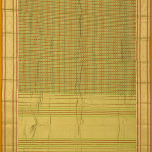 Cardamom Green Handloom Kanchi Cotton Saree With Checks & Kamalam Motifs