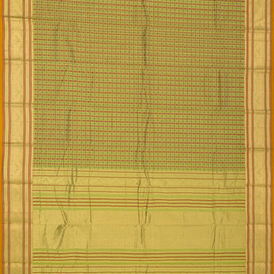Cardamom Green Handloom Kanchi Cotton Saree With Checks & Kamalam Motifs