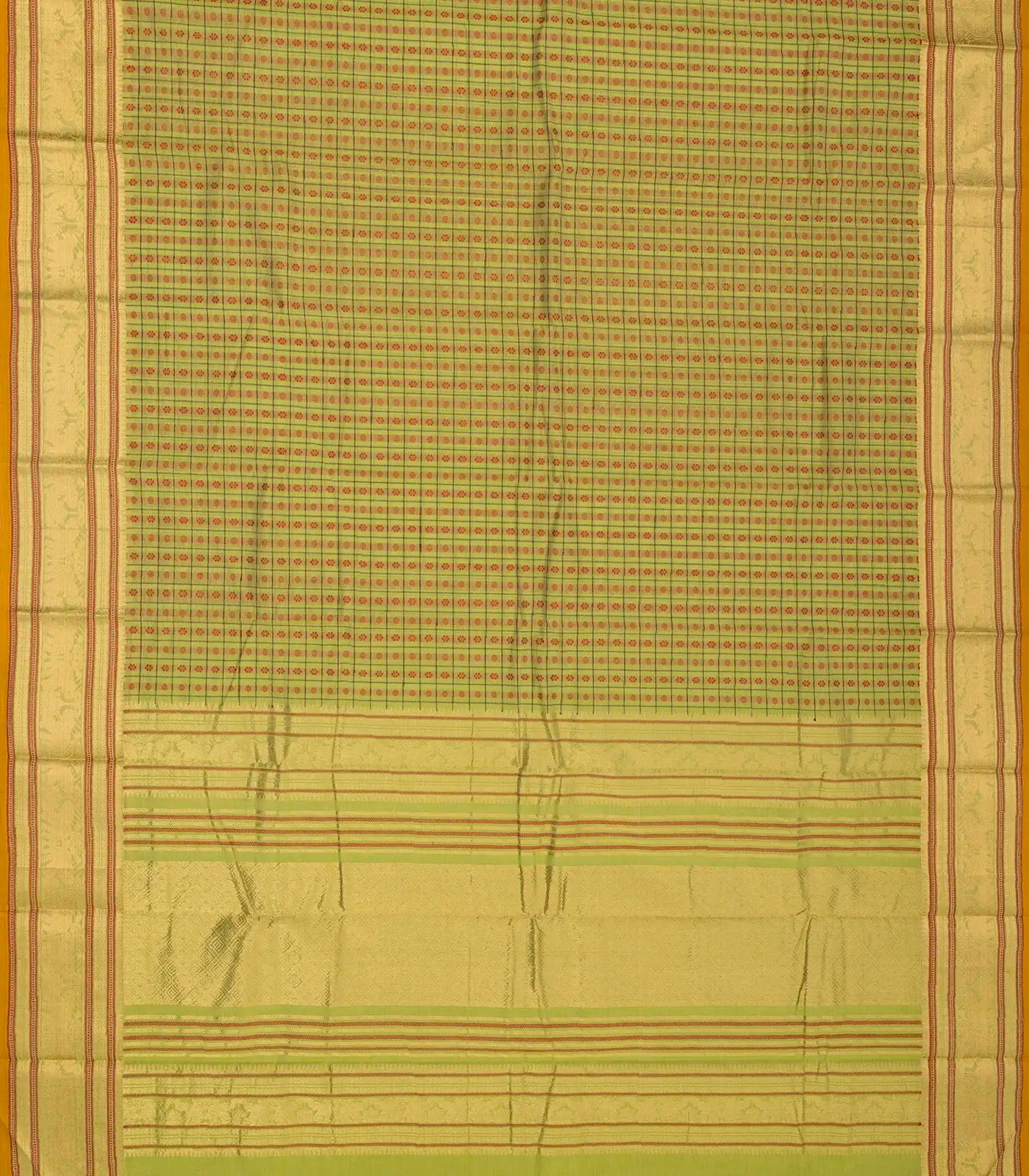Cardamom Green Handloom Kanchi Cotton Saree With Checks & Kamalam Motifs