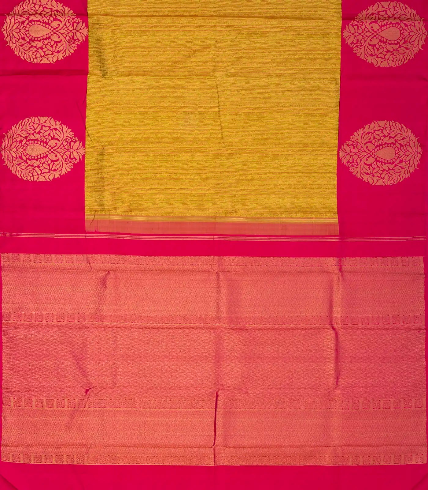 Mustard Handloom Kanchipuram Silk Saree With Abstract Stripes