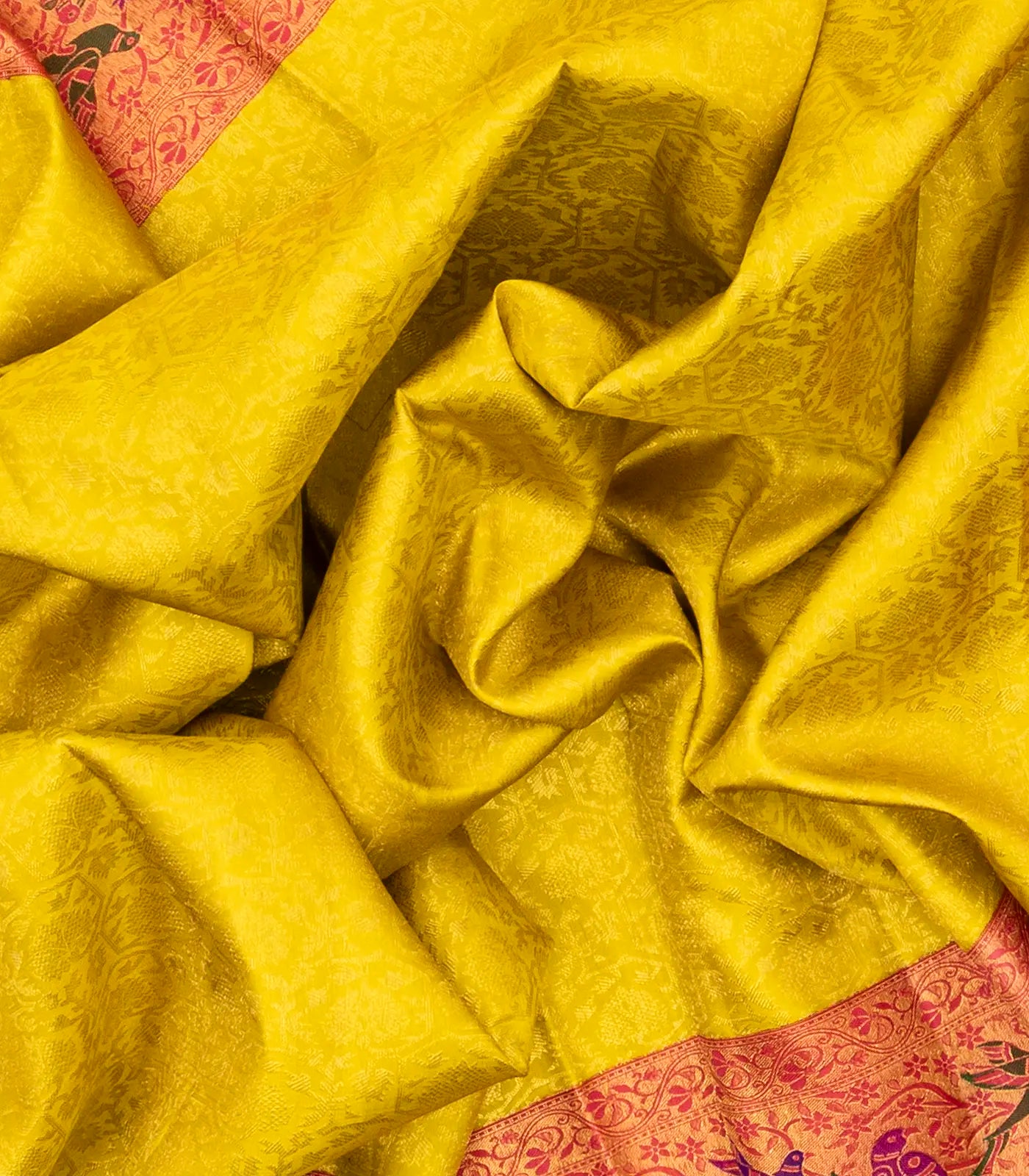 Lemon Yellow Handloom Kanchipuram Korvai Silk Saree With Meena Motifs