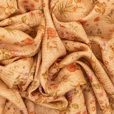 Beige Handwoven Linen Saree Printed With Floral Motifs