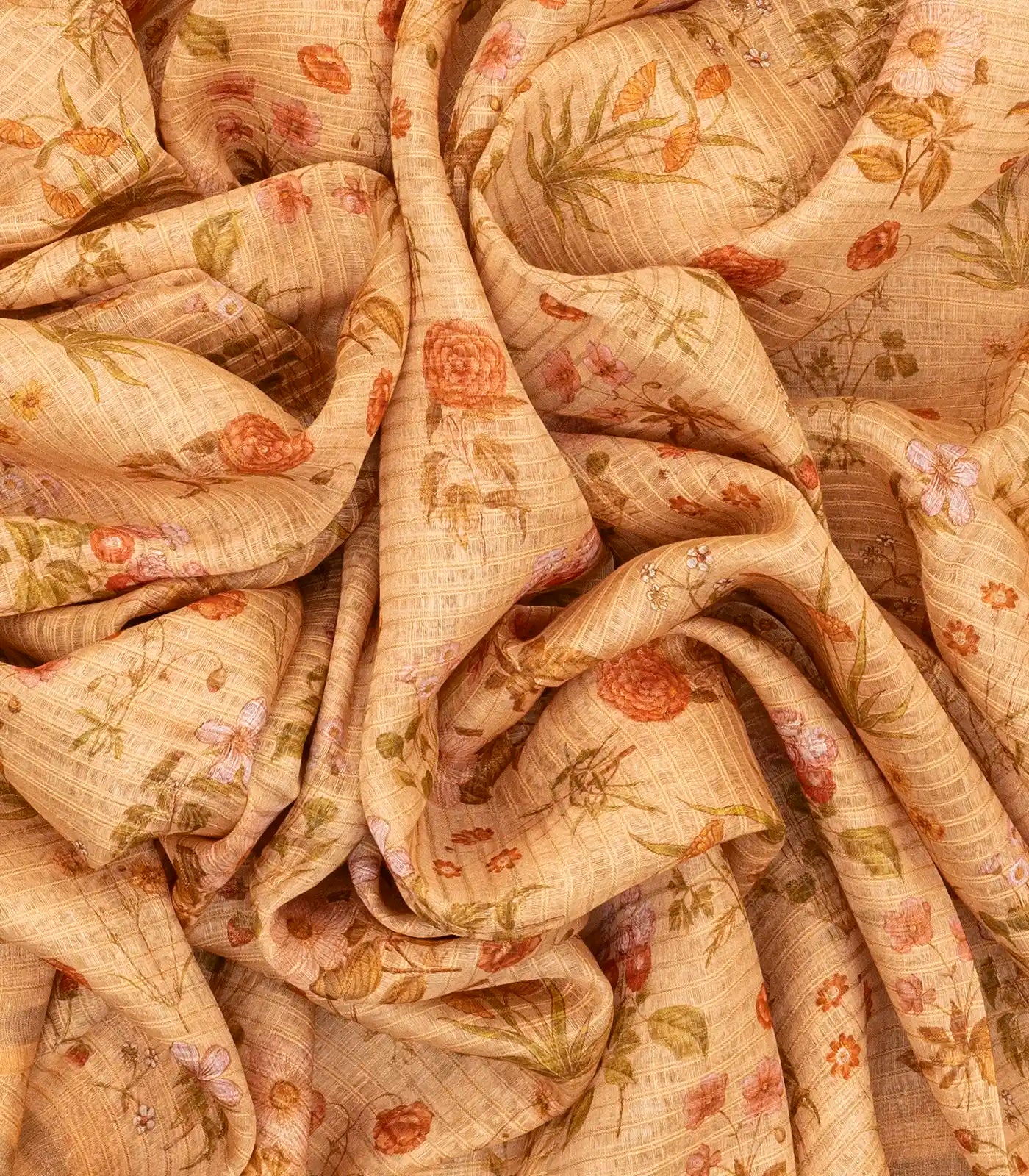 Beige Handwoven Linen Saree Printed With Floral Motifs