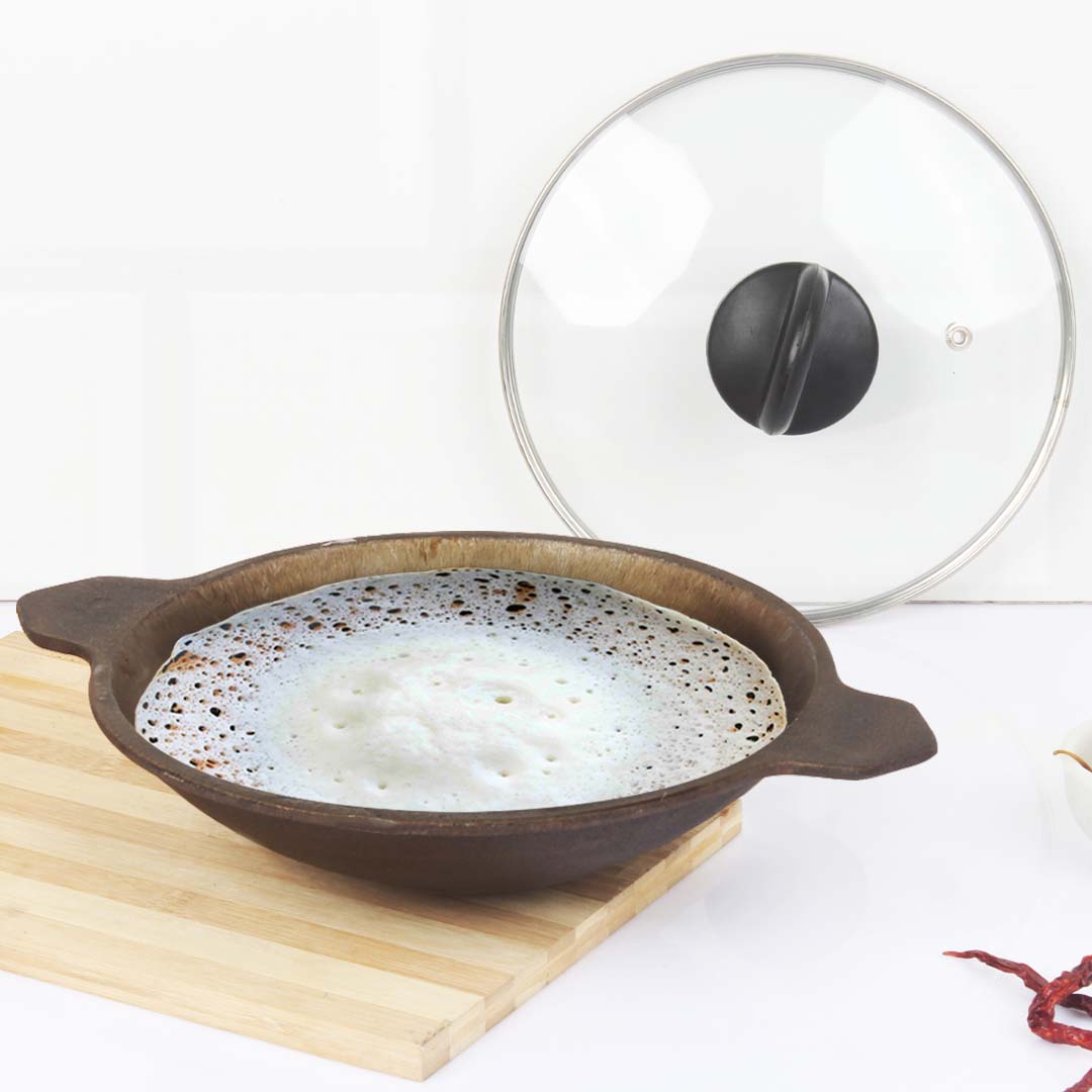 Super Smooth Cast Iron Appam Pan/Appachetty, Glass Lid,Pre-seasoned, Nonstick, 100% Pure, Toxin-free, 22cm, 1.9kg