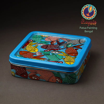 Blue - Bengal Patua Handpainted Stainless Steel Square Masala Box (9 x 9 in)