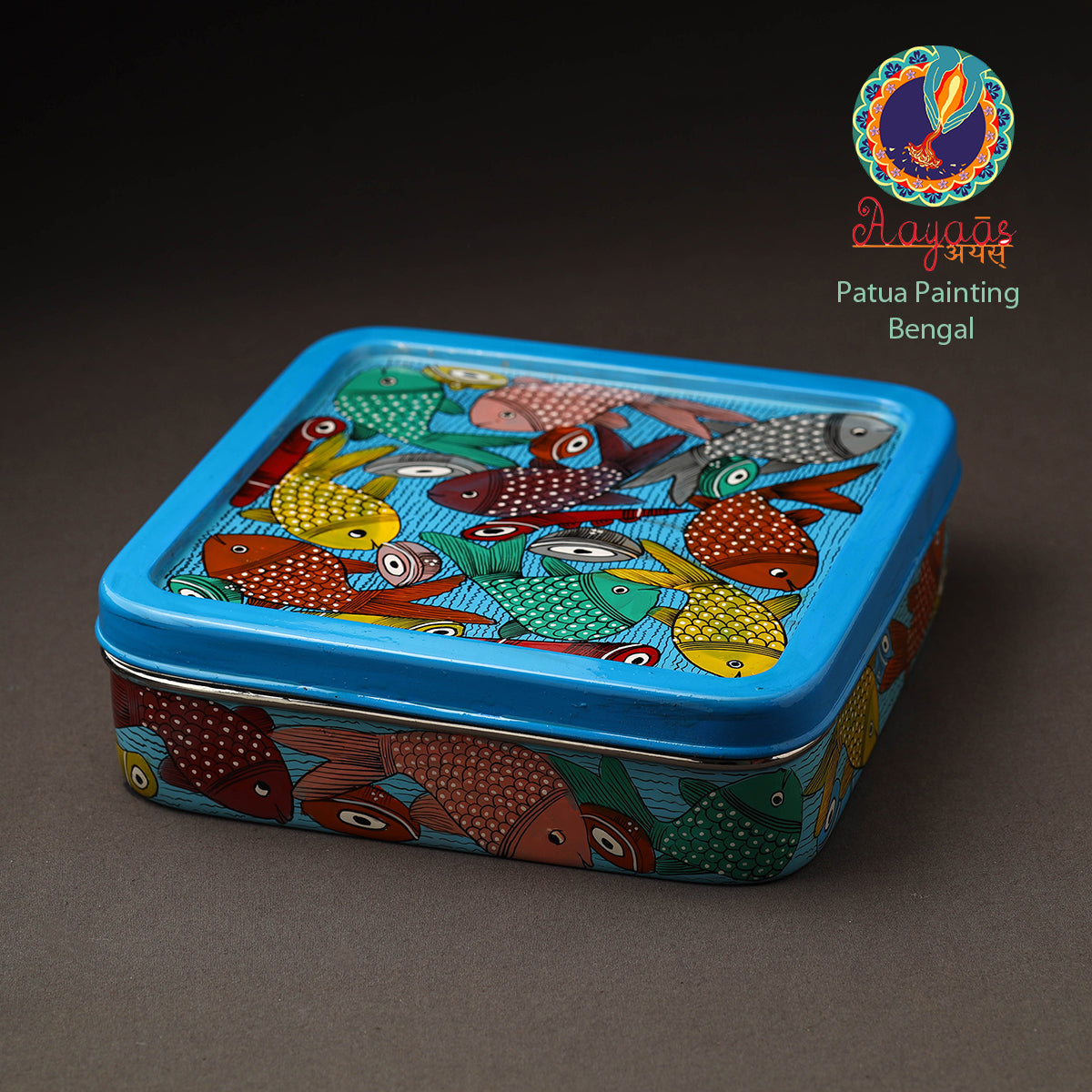 Blue - Bengal Patua Handpainted Stainless Steel Square Masala Box (9 x 9 in)