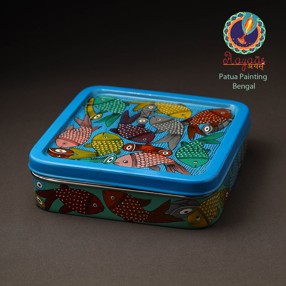 Blue - Bengal Patua Handpainted Stainless Steel Square Masala Box (9 x 9 in)