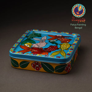 Blue - Bengal Patua Handpainted Stainless Steel Square Masala Box (9 x 9 in)