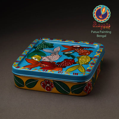 Blue - Bengal Patua Handpainted Stainless Steel Square Masala Box (9 x 9 in)