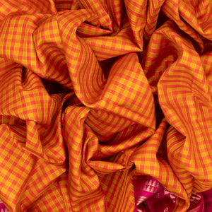 Orange Handloom Soft Silk Saree With Checks & Contrast Pink Border