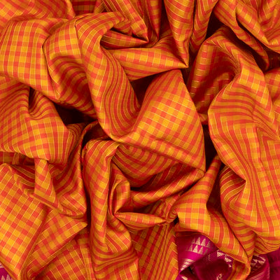 Orange Handloom Soft Silk Saree With Checks & Contrast Pink Border