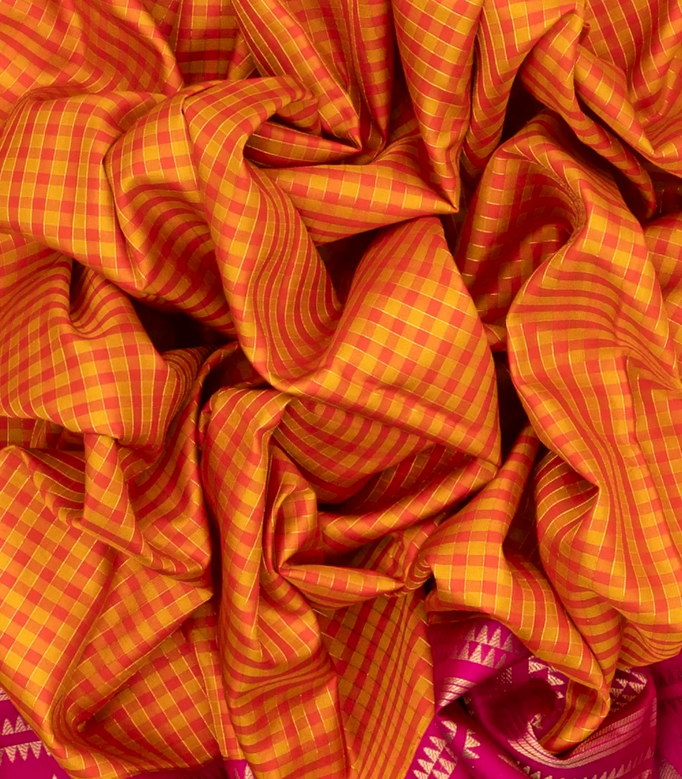 Orange Handloom Soft Silk Saree With Checks & Contrast Pink Border