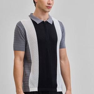 Black Colourblocked Zipper Polo T-Shirt