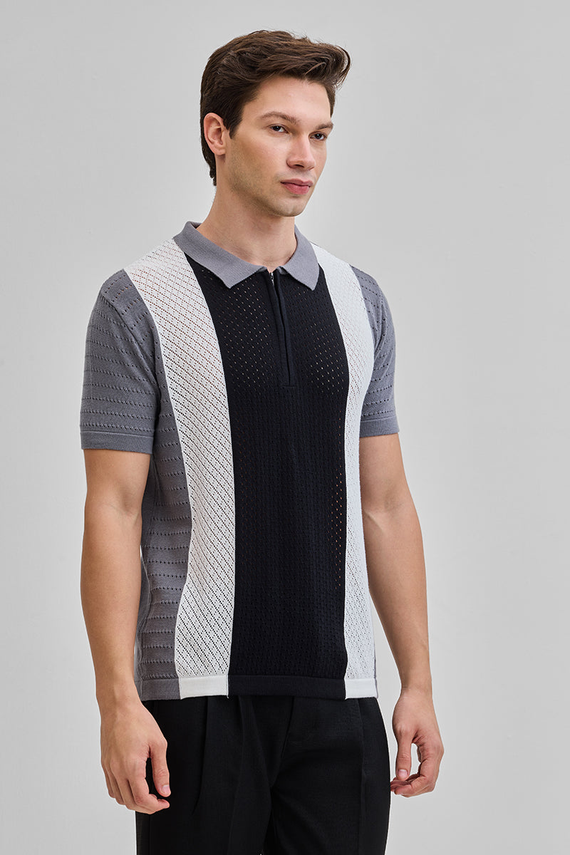 Black Colourblocked Zipper Polo T-Shirt