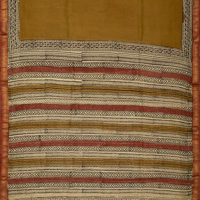 Dark Olive Handloom Chanderi Cotton Saree With Printed Floral Motif