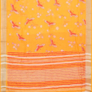 Orange Handloom Linen Saree With Printed Bird Motifs